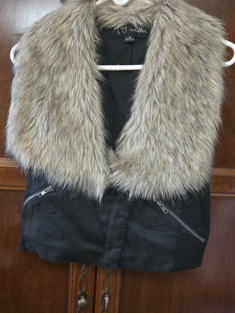 Yag Couture Black Vest with Taupe Faux Fur Shawl